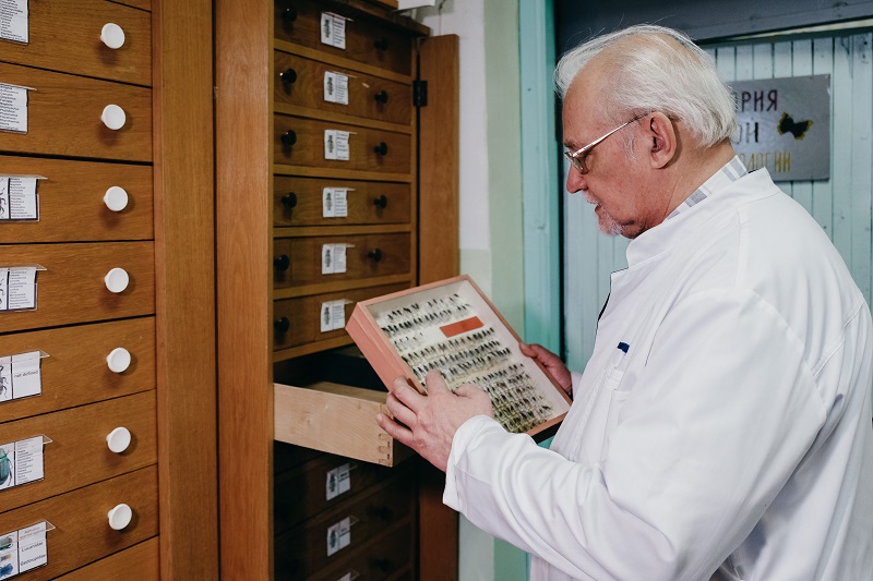 9_Заведующий лабораторией Юрий Баранчиков держит в руках коллекцию насекомых вредителей.jpg