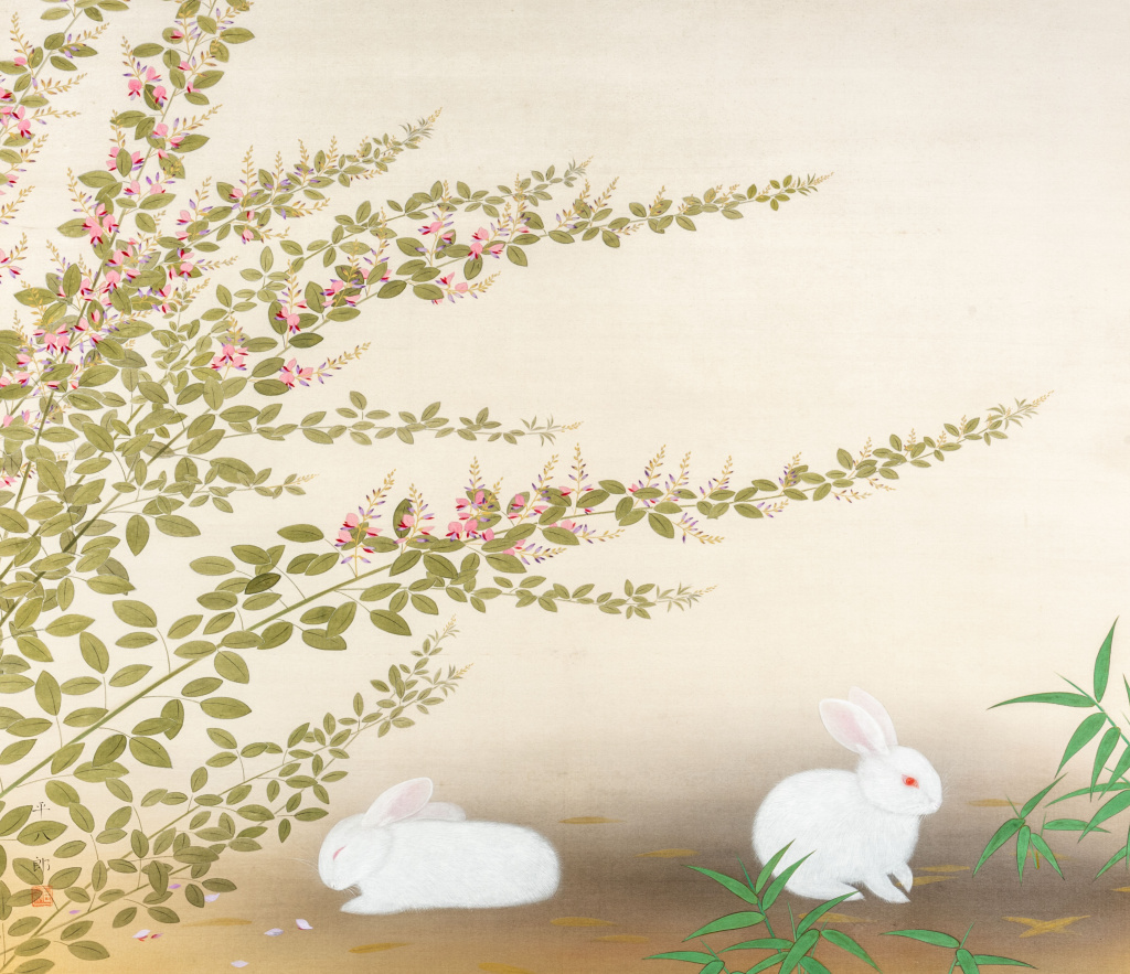 Фукуда Хэйхатиро (1892–1974) Кролики под цветущим кустом хаги (фрагмент) Япония, 1931 г. Шелк, тушь, краски, гофун.jpg